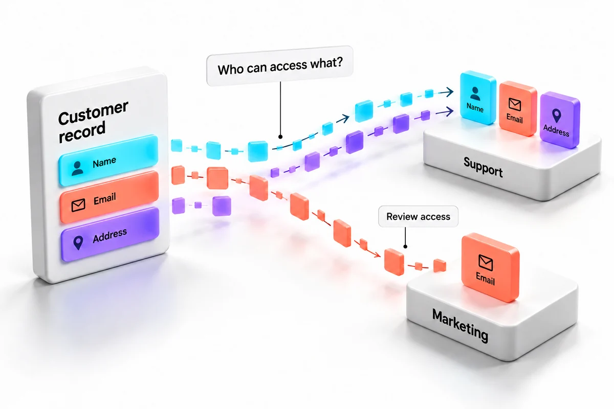 A conceptual illustration of a customer record shared with Support and Marketing, with different fields visible to each team.